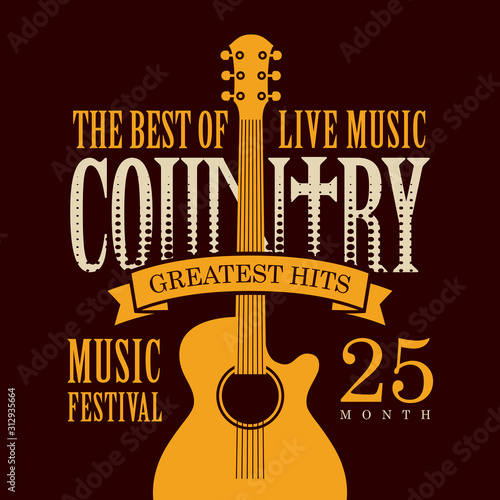 Vector poster for festival of live country music with yellow electric guitar on the black background in retro style