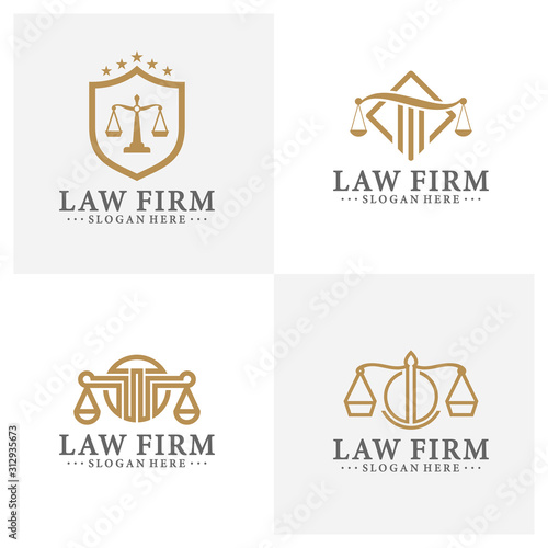 Law office logotypes set with scales of justice, gavel etc illustrations. Vector vintage attorney, advocate labels, juridical firm badges collection. Act, principle, legal icons design.