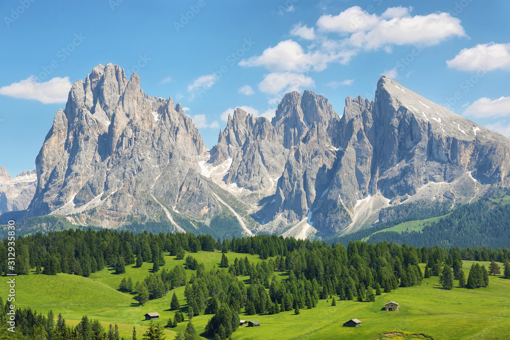 Sassolungo and Sassopiatto mountains from Alpe di Siusi or Seiser Alm, Dolomites Alps , Italy