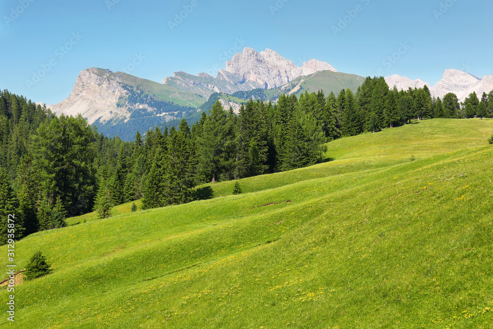 Seceda mountain views from Alpe di Siusi or Seiser Alm, Dolomites Alps , Italy