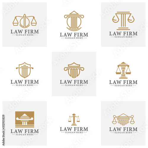 Law office logotypes set with scales of justice, gavel etc illustrations. Vector vintage attorney, advocate labels, juridical firm badges collection. Act, principle, legal icons design.