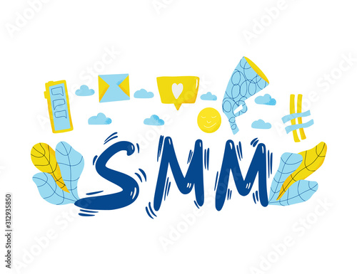 SMM text. Hand drawn social media marketing phrase