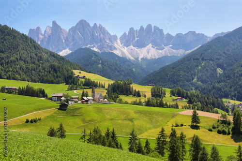 Mountain views near Santa Magdalena, Val di Funes, Dolomite Alps, Italy photo