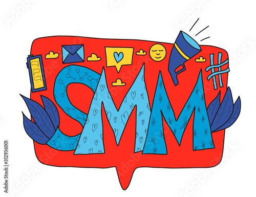 SMM text. Hand drawn social media marketing phrase
