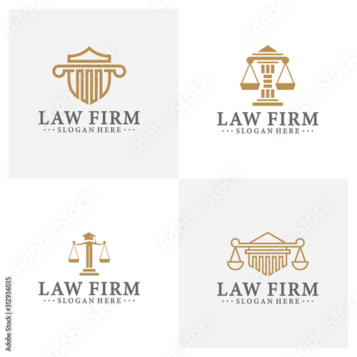 Law office logotypes set with scales of justice, gavel etc illustrations. Vector vintage attorney, advocate labels, juridical firm badges collection. Act, principle, legal icons design.