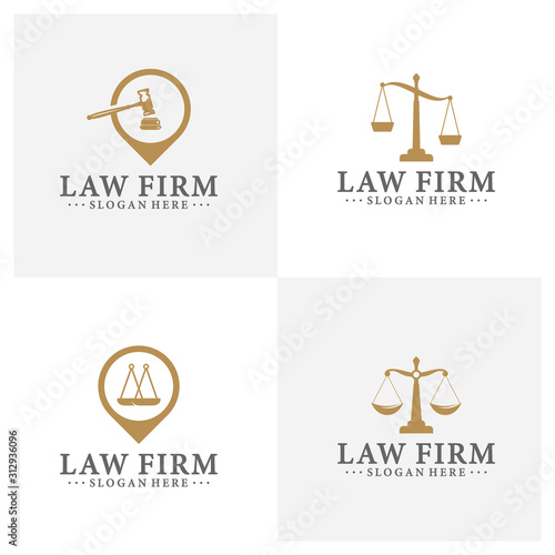 Law office logotypes set with scales of justice, gavel etc illustrations. Vector vintage attorney, advocate labels, juridical firm badges collection. Act, principle, legal icons design.