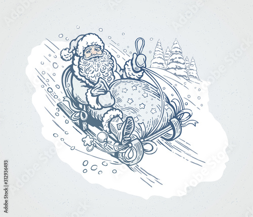 Happy Santa with gift bag, rides sledding down the mountain