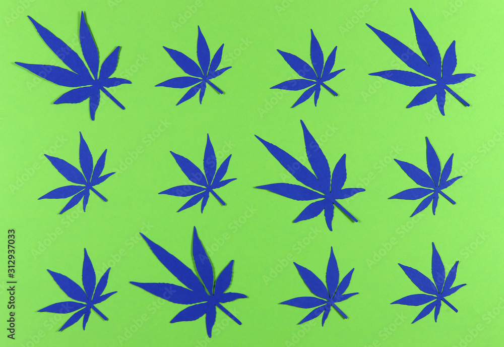Paper applique paper hemp leaves on colored backgrounds. The concept of legalization. Paper applique paper hemp leaves on colored backgrounds. The concept of legalization.