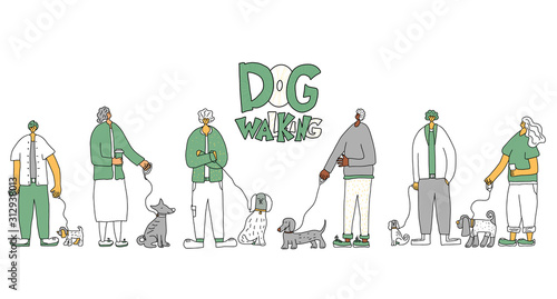 Dog walking. Human person with dog. Vector design.