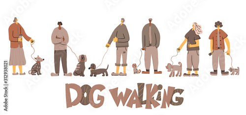 Dog walking. Human person with dog. Vector design.