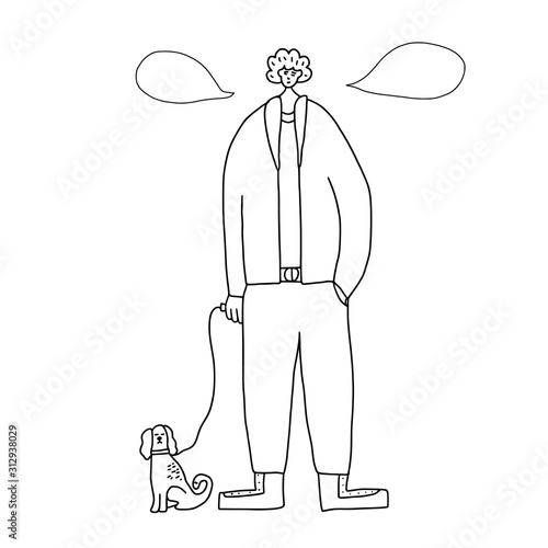 Dog walking. Human person with dog. Vector design.