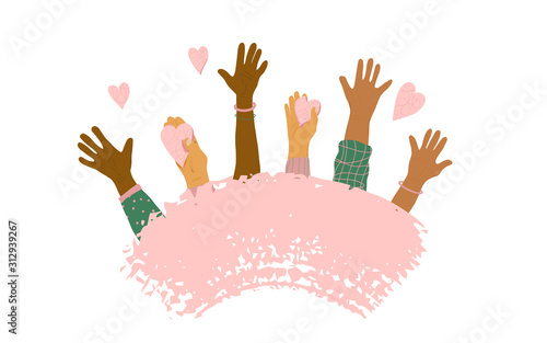 Volunteers hands up concept. Vector simple design