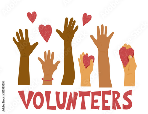 Volunteers hands up concept. Vector simple design