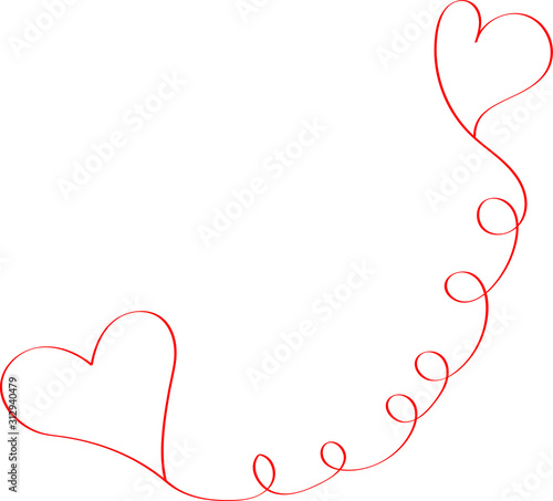 Two red hearts on one line - outline drawing for an emblem or logo. Template for greeting card for Valentine's Day.