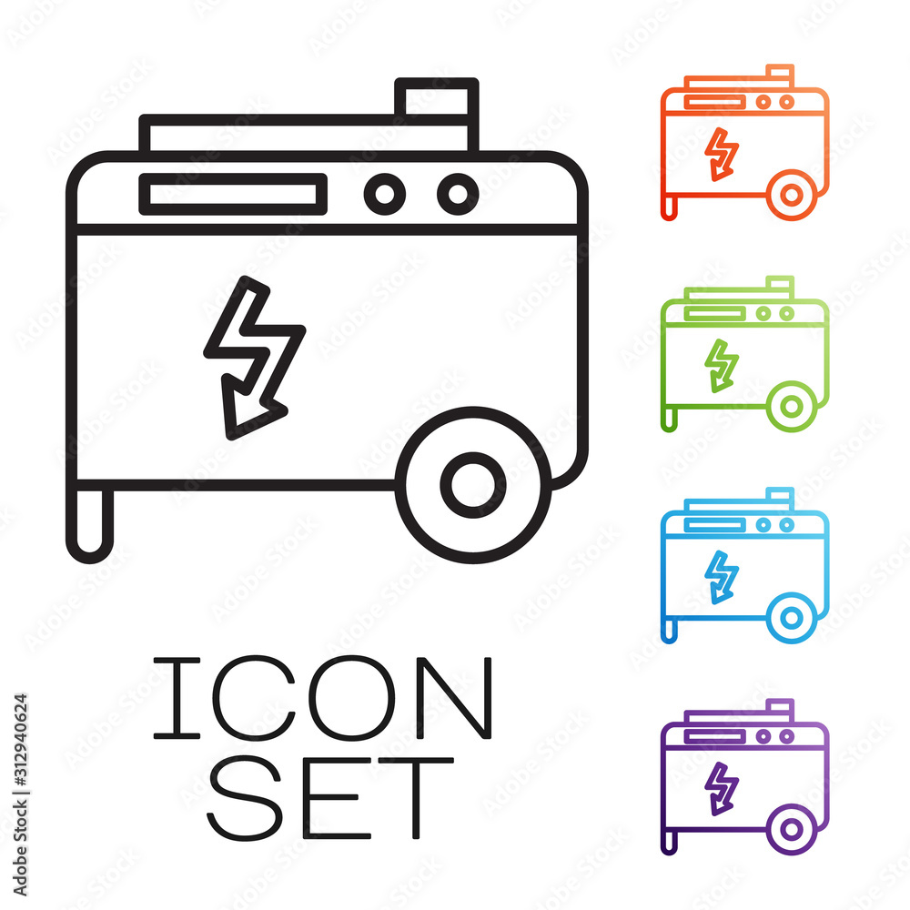 Black line Portable power electric generator icon isolated on white  background. Industrial and home immovable power generator. Set icons  colorful. Vector Illustration Stock Vector