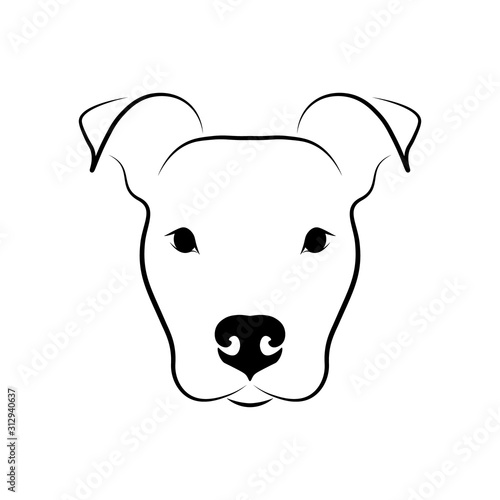 Cute dog head front view. Staffordshire Terrier portrait. Black linear sketch on white background. Vector illustration