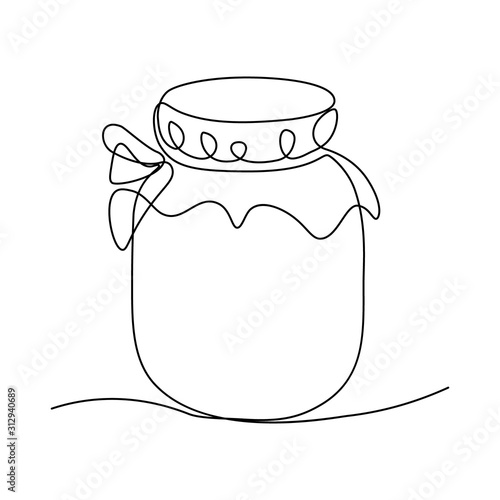 Glass canning jar in continuous line art drawing style. Food preserve. Minimalist black linear sketch on white background. Vector illustration