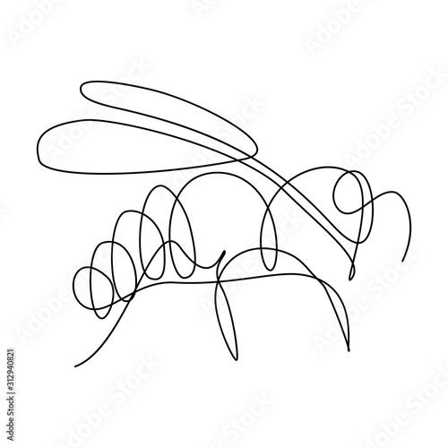 Bee in continuous line art drawing style. Honeybee black linear sketch on white background. Vector illustration