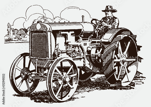 Farmer driving a historical tractor in a field in three-quarter front view. Illustration after an engraving from the early 20th century