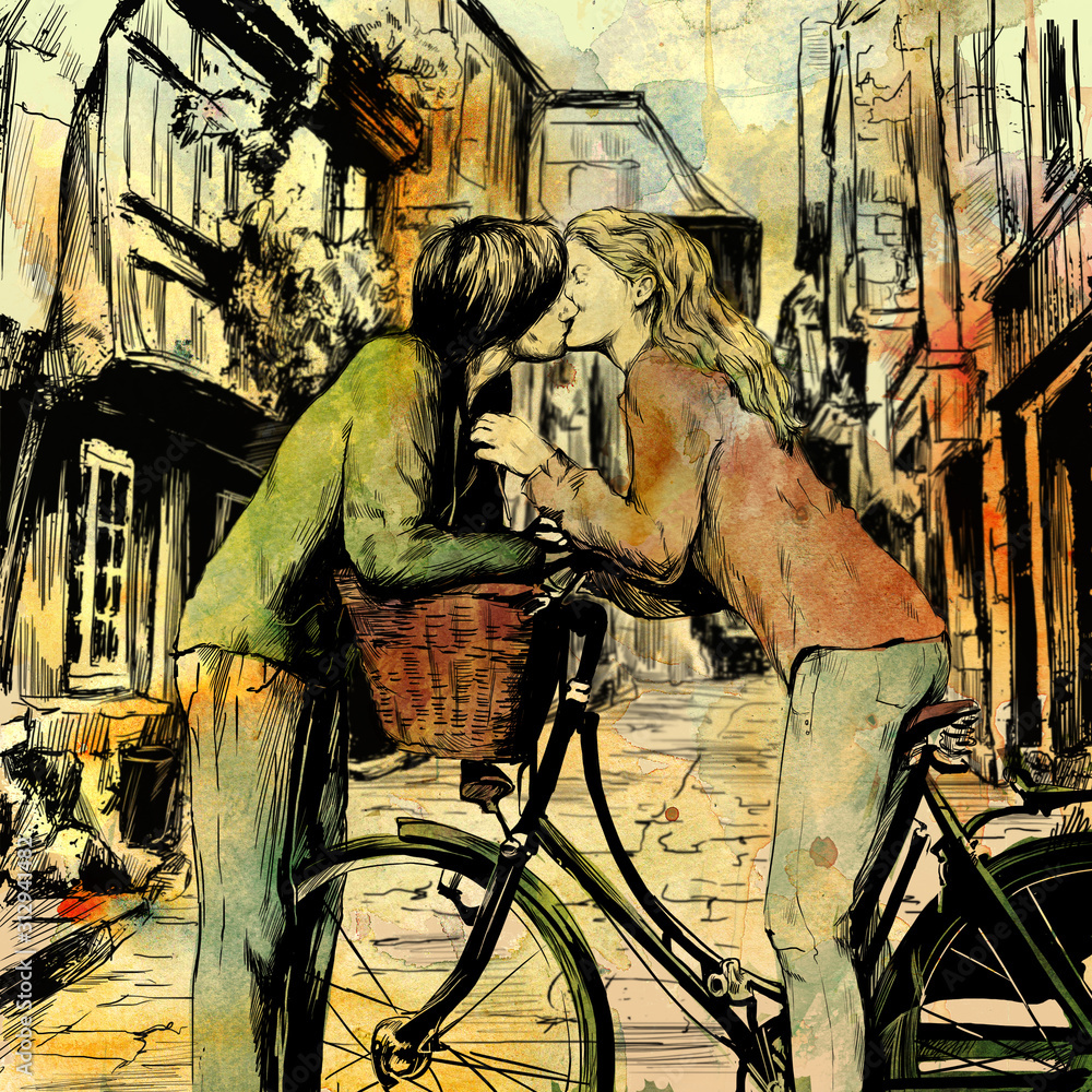 Boy kisses girl on a bicycle 