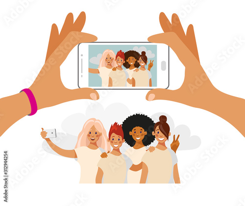 Girls take pictures on the phone. A group of friends of different nationalities is photographed. Selfie best friends. Cartoon vector isolated on white.