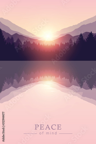 beautiful sunrise by peaceful lake on mountain purple nature landscape vector illustration EPS10