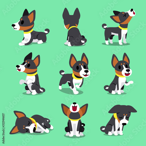 Cartoon character basenji dog poses for design.