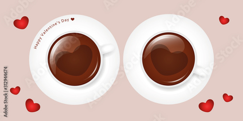 two cups of coffee with heart for valentines day vector illustration EPS10