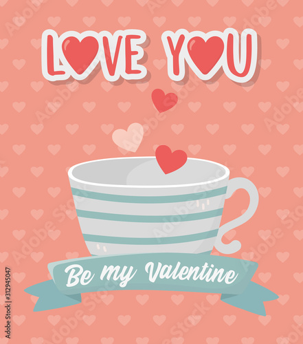 happy valentines day striped coffee cup and hearts love background