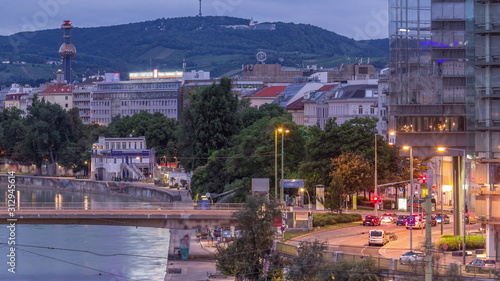 Photography Aerial view along the Danube Canal in Vienna night to day timelapse before sunri