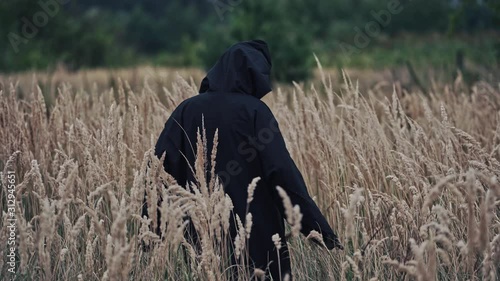Scary witch evil outdoors. Back view on scary ghost in black robe and hood on head turning horrorful face to camera. Demon of death on the ripe wheat field. Mystery concept. photo