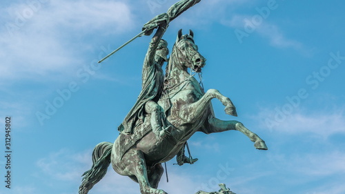 Statue rider Erzherzog Karl on horseback with flag in hand timelapse. Heldenplatz. Vienna