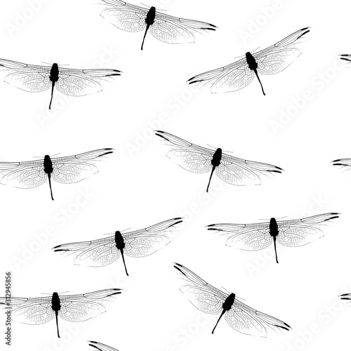 Seamless texture pattern with dragonfly silhouettes. Dragonflies on a white background pattern. Pattern with insects
