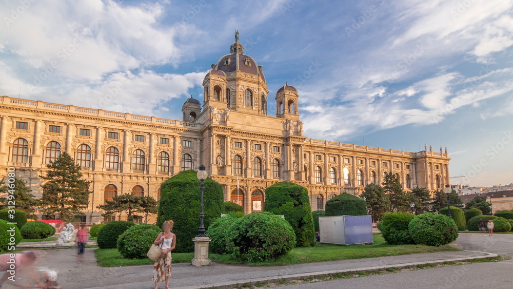 Beautiful view of famous Naturhistorisches Museum with park and sculpture timelapse hyperlapse in Vienna, Austria