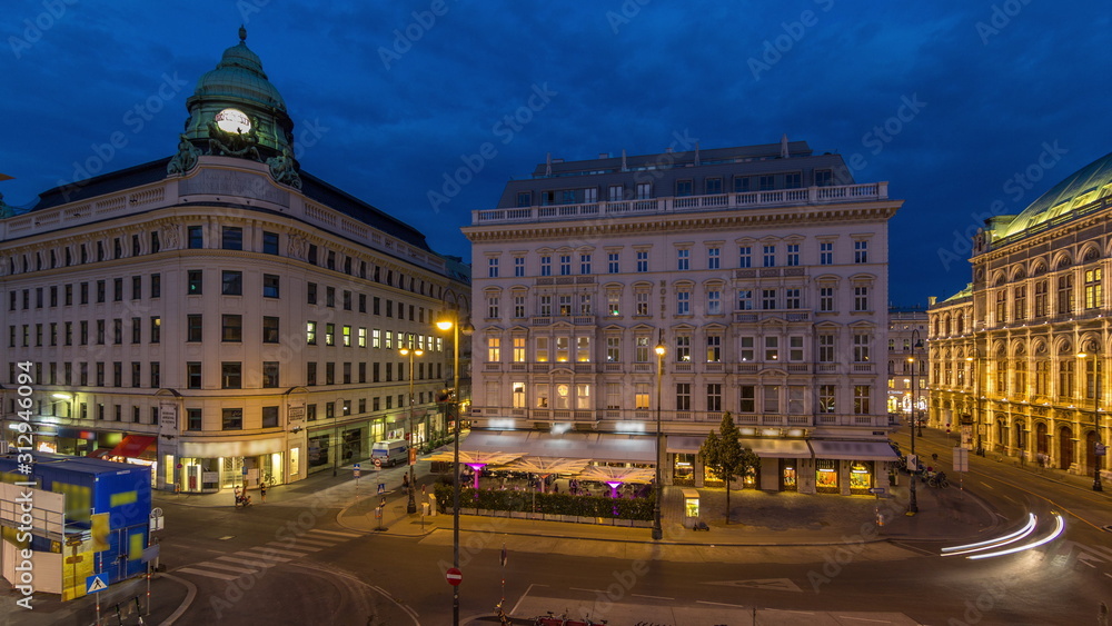 Albertina Square aerial day to night timelapse with historic buildings in downtown Vienna, Austria