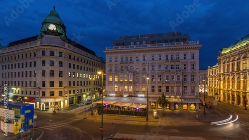 Albertina Square aerial day to night timelapse with historic buildings in downtown Vienna, Austria