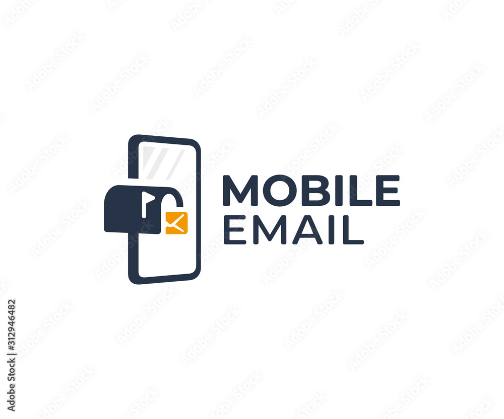 Mobile e-mail logo design. Smartphone and mailbox with envelope vector design. Mobile phone communication logotype Mobile e-mail logo design. Smartphone and mailbox with envelope vector design. Mobile phone communication logotype