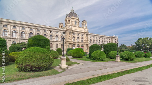 Beautiful view of famous Naturhistorisches Museum timelapse hyperlapse with park and sculpture in Vienna, Austria