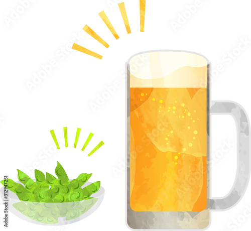 生ビール_ビール_枝豆_切り絵風_ジョッキ_ベクター_イラスト_ドリンク_お酒_アルコール
