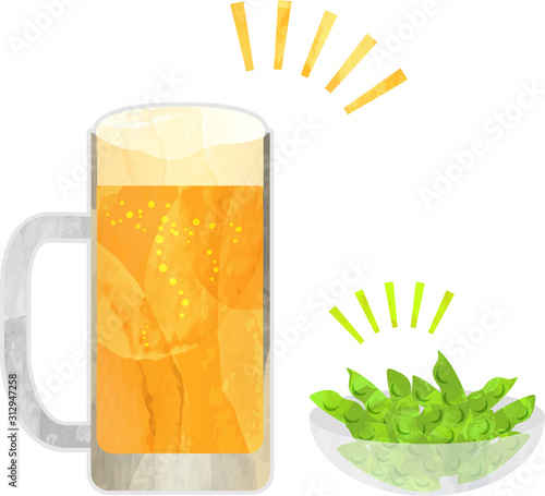 生ビール_ビール_枝豆_切り絵風_ジョッキ_ベクター_イラスト_ドリンク_お酒_アルコール