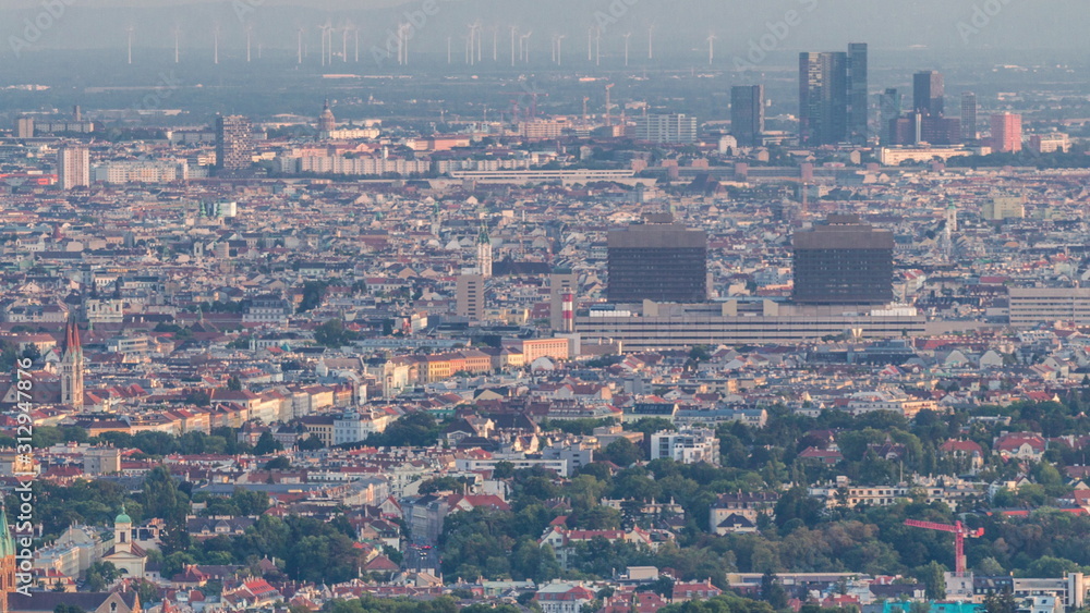 Skyline of Vienna from Danube Viewpoint Leopoldsberg aerial timelapse.
