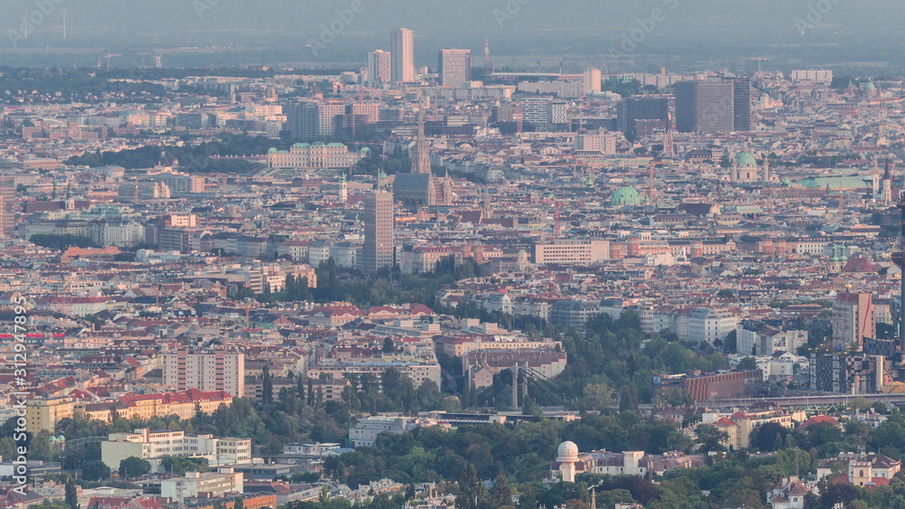 Skyline of Vienna from Danube Viewpoint Leopoldsberg aerial timelapse.