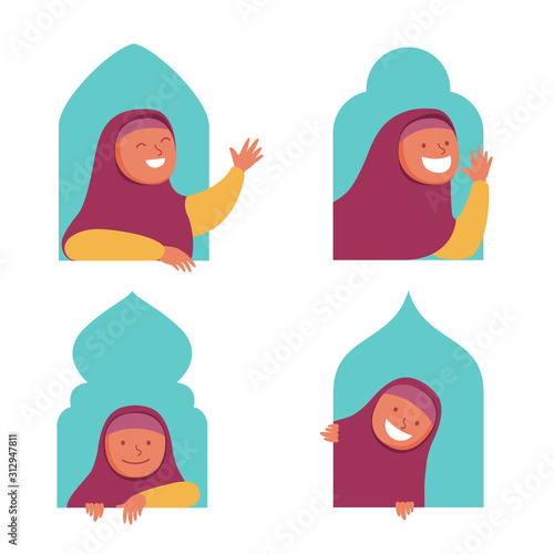 Girl Moslem Flat Character Peeping In The Window