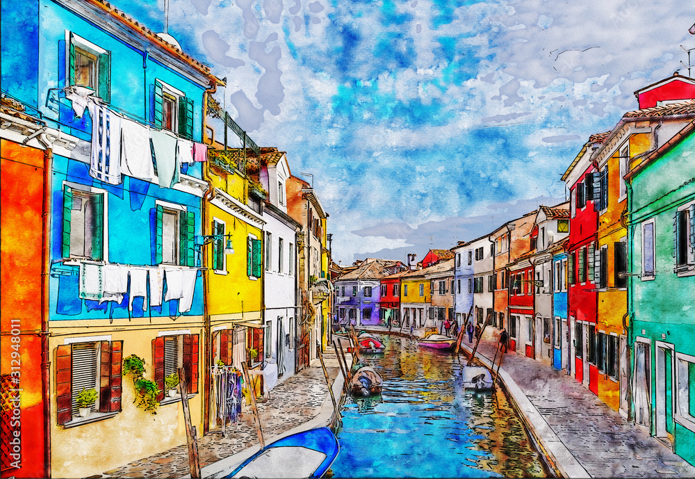 Colorful houses on Burano, island in the Venetian Lagoon. Italy. Aquarelle (watercolor) style.