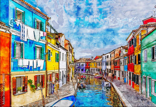 Colorful houses on Burano  island in the Venetian Lagoon. Italy. Aquarelle  watercolor  style.