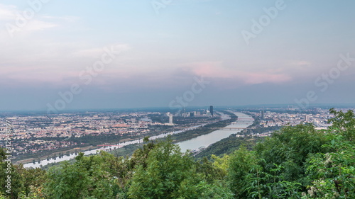 Canvas Print Skyline of Vienna from Danube Viewpoint Leopoldsberg aerial day to night timelapse