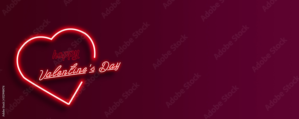 Neon heart and Valentine's day inscription on a burgundy gradient background.