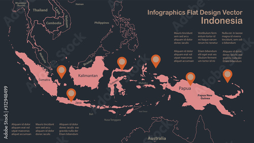 Photo Infographics Indonesia map outline, flat design, color blue orange vector