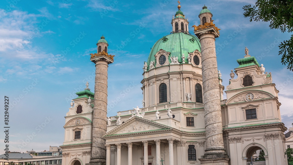 Karlskirche on the Karlsplatz square timelapse in Vienna, Austria.