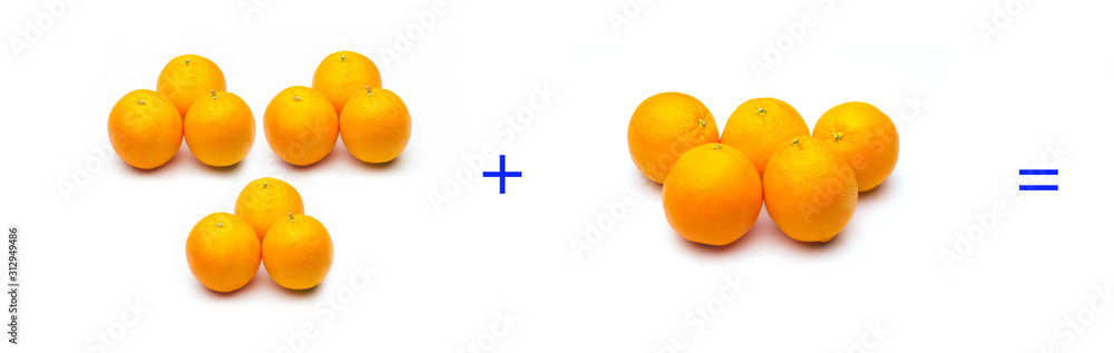 Sencilla operación matemática de suma; cálculo matemático con naranjas Sencilla operación matemática de suma; cálculo matemático con naranjas